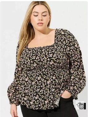 Rayon Slub Waist Detail Blouson Sleeve Top